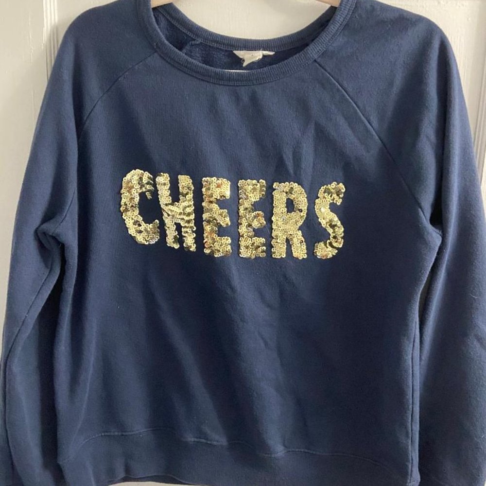 CASLON Navy Blue / Gold Embroidered Sequin “CHEERS” Holiday Sweatshirt, Med